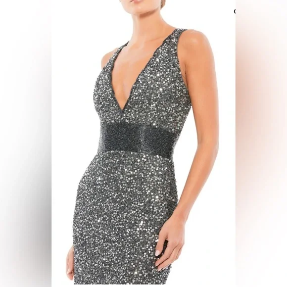 Mac Duggal Sequin V-Neck Empire Waist Sleeveless Gown Size 8 Charcoal NWT 4930 - Picture 3 of 15